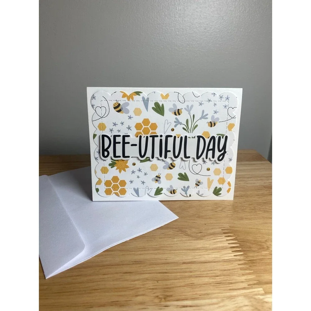 Bee & Flowers Greeting Card – Handmade A2 Card – All Occasion Blank Card